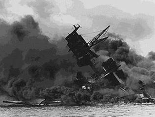 USS Arizona burning after the Japanese attack on Pearl Harbor.