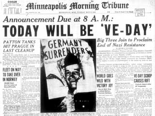 The Minneapolis Morning Tribune announces the end of the war in Europe, May 8, 1945.