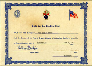 Knights of Columbus Honors of the Fourth Degree certificate awarded to John Leslie Brown, Sr., 1964.