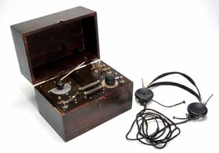 Homemade crystal radio set with headphones, 1925.