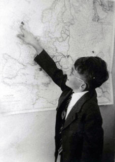 David Berman, pointing to Northern Ireland on a map of Europe, June 1944.