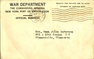 Card received by William L. Anderson's mother to let her know he had arrived safely at a new destination.