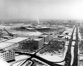 Aerial view of Edina showing Fairview Southdale Hospital and medical clinic, 1966.