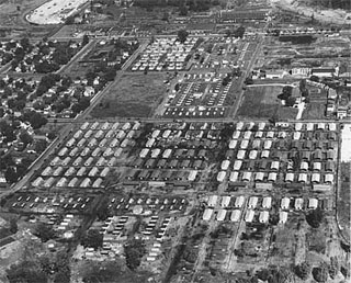 Aerial view of University Village for G.I. housing at Twenty Seventh Street and Como Avenue, Minneapolis; East Hennepin Avenue at top of view, 1946.