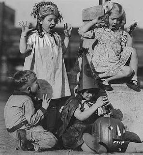 Washington School students preparing for Halloween play and party, Minneapolis, 1935.