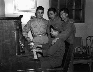 Japanese American soldiers at Fort Snelling, VJ Day, 1945. 