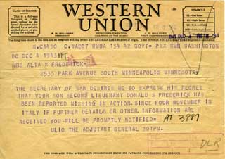 Document: Western Union Telegrams sent to Don Frederick's mother to give notice of his status as 