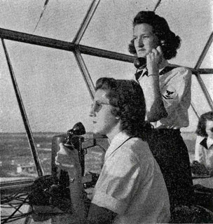 Photo: B.J. Gersey (standing) at her post as air traffic controller, Jacksonville Naval Air Station, Florida, 1944.