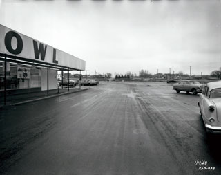 Photo: Parking lot and Red Owl Grocery Store, Knollwood Shopping Center, Highway 7, St. Louis Park, 1958.