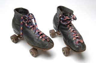 Object: Men's Leather Shoe Roller Skates, ca. 1940. 